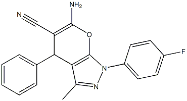 6-amino-1-(4-fluorophenyl)-3-methyl-4-phenyl-1,4-dihydropyrano[2,3-c]pyrazole-5-carbonitrile Struktur