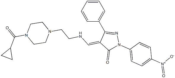 4-[({2-[4-(cyclopropylcarbonyl)-1-piperazinyl]ethyl}amino)methylene]-2-{4-nitrophenyl}-5-phenyl-2,4-dihydro-3H-pyrazol-3-one Struktur