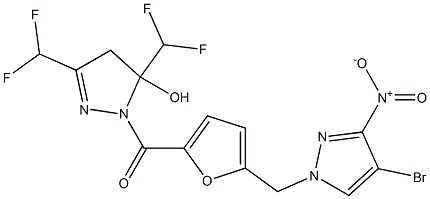 1-[5-({4-bromo-3-nitro-1H-pyrazol-1-yl}methyl)-2-furoyl]-3,5-bis(difluoromethyl)-4,5-dihydro-1H-pyrazol-5-ol Struktur