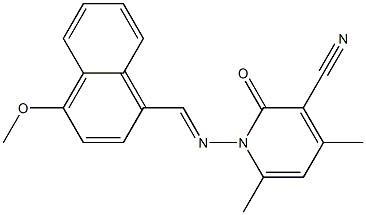 1-{[(E)-(4-methoxy-1-naphthyl)methylidene]amino}-4,6-dimethyl-2-oxo-1,2-dihydro-3-pyridinecarbonitrile Struktur