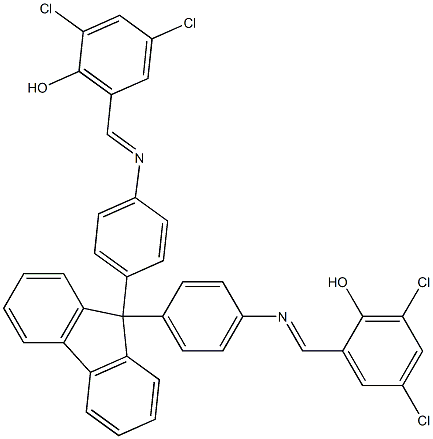 2,4-dichloro-6-[({4-[9-(4-{[(E)-(3,5-dichloro-2-hydroxyphenyl)methylidene]amino}phenyl)-9H-fluoren-9-yl]phenyl}imino)methyl]phenol Struktur