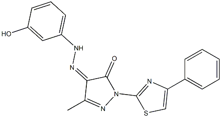 3-methyl-1-(4-phenyl-1,3-thiazol-2-yl)-1H-pyrazole-4,5-dione 4-[N-(3-hydroxyphenyl)hydrazone] Struktur