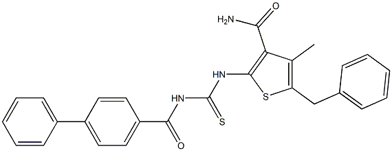 5-benzyl-2-({[([1,1'-biphenyl]-4-ylcarbonyl)amino]carbothioyl}amino)-4-methyl-3-thiophenecarboxamide Struktur