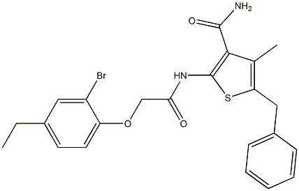 5-benzyl-2-{[2-(2-bromo-4-ethylphenoxy)acetyl]amino}-4-methyl-3-thiophenecarboxamide Struktur