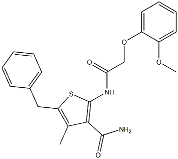 5-benzyl-2-{[2-(2-methoxyphenoxy)acetyl]amino}-4-methyl-3-thiophenecarboxamide Struktur