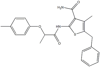 5-benzyl-4-methyl-2-{[2-(4-methylphenoxy)propanoyl]amino}-3-thiophenecarboxamide Struktur