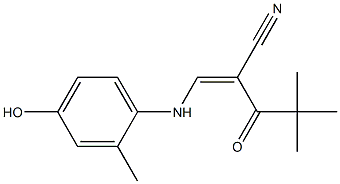 (Z)-2-(2,2-dimethylpropanoyl)-3-(4-hydroxy-2-methylanilino)-2-propenenitrile Struktur