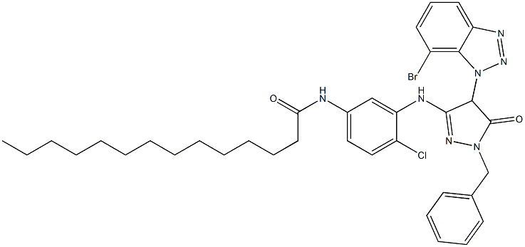 1-Benzyl-4-(7-bromo-1H-benzotriazol-1-yl)-3-[2-chloro-5-(tetradecanoylamino)anilino]-5(4H)-pyrazolone Struktur