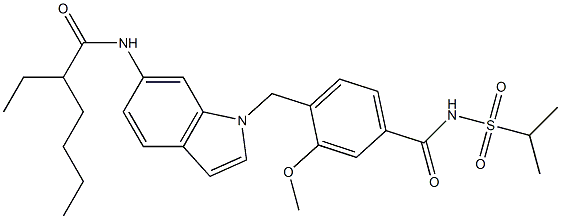 4-[6-(2-Ethylhexanoylamino)-1H-indol-1-ylmethyl]-3-methoxy-N-isopropylsulfonylbenzamide Struktur