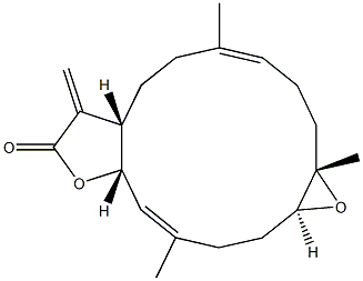 [3aS,6E,10S,11S,14E,15aS,(+)]-3a,4,5,8,9,10,11,12,13,15a-Decahydro-6,10,14-trimethyl-3-methylene-10,11-epoxycyclotetradeca[b]furan-2(3H)-one Struktur