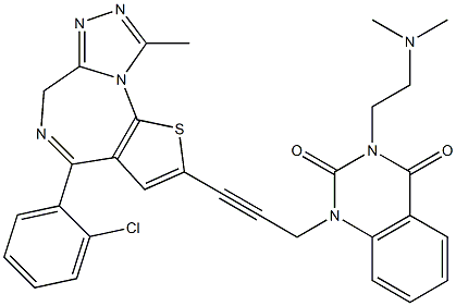 4-(2-Chlorophenyl)-9-methyl-2-[3-[[3-(2-dimethylaminoethyl)-1,2,3,4-tetrahydro-2,4-dioxoquinazolin]-1-yl]-1-propynyl]-6H-thieno[3,2-f][1,2,4]triazolo[4,3-a][1,4]diazepine Struktur