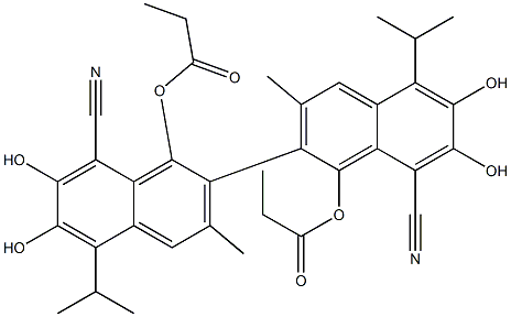 1,1'-Bis(propanoyloxy)-6,6',7,7'-tetrahydroxy-5,5'-diisopropyl-3,3'-dimethyl-2,2'-binaphthalene-8,8'-dicarbonitrile Struktur