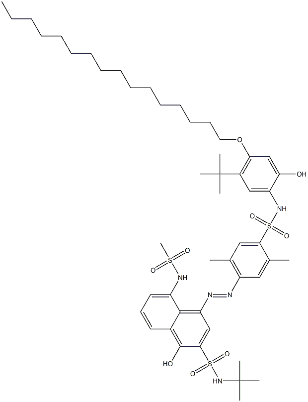 N-(5-tert-Butyl-4-hexadecyloxy-2-hydroxyphenyl)-4-[3-(N-tert-butylsulfamoyl)-4-hydroxy-8-methylsulfonylamino-1-naphtylazo]-2,5-dimethylbenzenesulfonamide Struktur