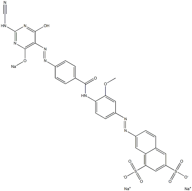 7-[4-[4-(2-Cyanoamino-4-hydroxy-6-sodiooxypyrimidin-5-ylazo)benzoylamino]-3-methoxyphenylazo]naphthalene-1,3-disulfonic acid disodium salt Struktur