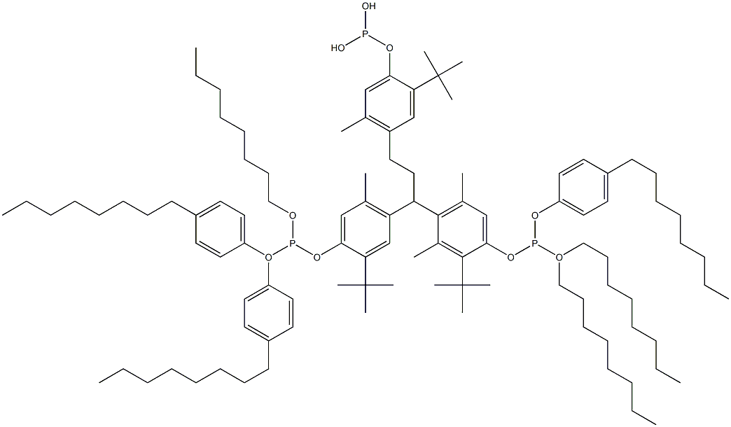 [3-Methyl-1,1,3-propanetriyltris(2-tert-butyl-5-methyl-4,1-phenyleneoxy)]tris(phosphonous acid)O,O',O'-trioctyl O,O'',O''-tris(4-octylphenyl) ester Struktur