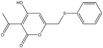 3-Acetyl-4-hydroxy-6-phenylthiomethyl-2H-pyran-2-one Struktur