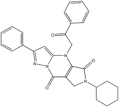 6-Cyclohexyl-6,7-dihydro-4-(2-oxo-2-phenylethyl)-2-phenyl-4H-1,4,6,8a-tetraaza-s-indacene-5,8-dione Struktur