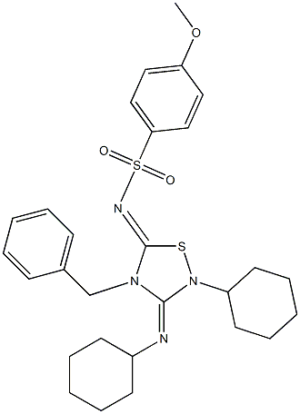 2-Cyclohexyl-3-cyclohexylimino-4-benzyl-5-(4-methoxyphenyl)sulfonylimino-1,2,4-thiadiazolidine Struktur