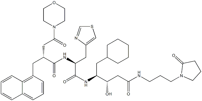 (3S,4S)-3-Hydroxy-5-cyclohexyl-4-[[(2S)-3-(4-thiazolyl)-2-[[(2R)-2-[morpholinocarbonylmethyl]-3-(1-naphthalenyl)propionyl]amino]propionyl]amino]-N-[3-(2-oxo-1-pyrrolidinyl)propyl]valeramide Struktur