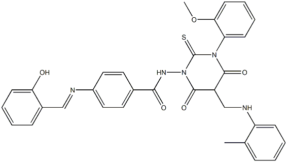 4-(2-Hydroxybenzylideneamino)-N-[[hexahydro-4,6-dioxo-2-thioxo-3-(2-methoxyphenyl)-5-(2-methylphenylaminomethyl)pyrimidin]-1-yl]benzamide Struktur