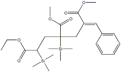 2-Benzylidene-4-methoxycarbonyl-4,6-bis(trimethylsilyl)heptanedioic acid 1-methyl 7-ethyl ester Struktur