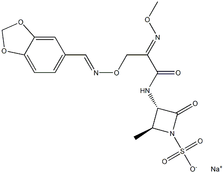 (3S,4S)-4-Methyl-2-oxo-3-[2-[(E)-methoxyimino]-3-(1,3-benzodioxol-5-ylmethylene)aminooxypropionylamino]azetidine-1-sulfonic acid sodium salt Struktur