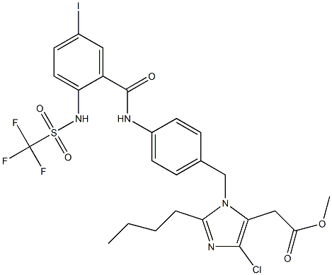 2-Butyl-4-chloro-1-[4-[2-(trifluoromethylsulfonylamino)-5-iodobenzoylamino]benzyl]-1H-imidazole-5-acetic acid methyl ester Struktur