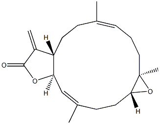 [3aS,6E,10R,11R,14E,15aR,(+)]-3a,4,5,8,9,10,11,12,13,15a-Decahydro-6,10,14-trimethyl-3-methylene-10,11-epoxycyclotetradeca[b]furan-2(3H)-one Struktur