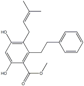 2,4-Dihydroxy-5-(3-methyl-2-buten-1-yl)-6-(2-phenylethyl)benzoic acid methyl ester Struktur