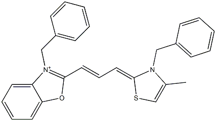 2-[3-[4-Methyl-3-(phenylmethyl)thiazol-2(3H)-ylidene]-1-propenyl]-3-(phenylmethyl)benzoxazol-3-ium Struktur