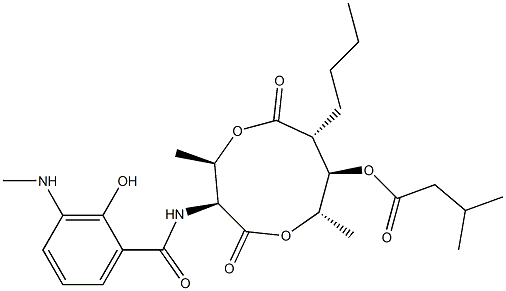 3-Methylbutanoic acid (3S,4R,7R,8R,9S)-3-[(3-methylamino-2-hydroxybenzoyl)amino]-4,9-dimethyl-2,6-dioxo-7-butyl-1,5-dioxonan-8-yl ester Struktur