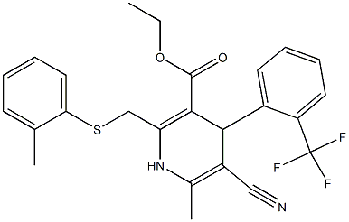 5-Cyano-1,4-dihydro-6-methyl-2-[(2-methylphenylthio)methyl]-4-(2-trifluoromethylphenyl)pyridine-3-carboxylic acid ethyl ester Struktur