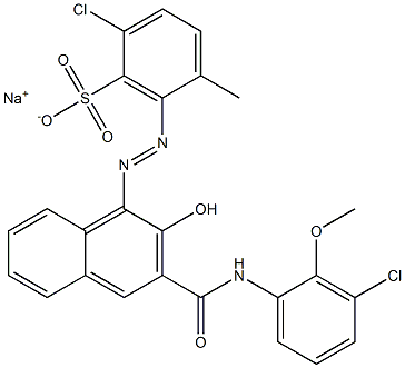 2-Chloro-5-methyl-6-[[3-[[(3-chloro-2-methoxyphenyl)amino]carbonyl]-2-hydroxy-1-naphtyl]azo]benzenesulfonic acid sodium salt Struktur