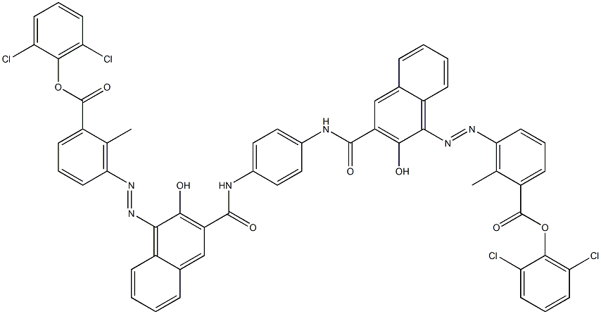 1,4-Bis[1-[[6-methyl-5-(2,6-dichlorophenoxycarbonyl)phenyl]azo]-2-hydroxy-3-naphthoylamino]benzene Struktur