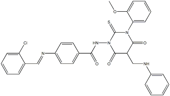 4-(2-Chlorobenzylideneamino)-N-[[hexahydro-4,6-dioxo-2-thioxo-3-(2-methoxyphenyl)-5-(phenylaminomethyl)pyrimidin]-1-yl]benzamide Struktur