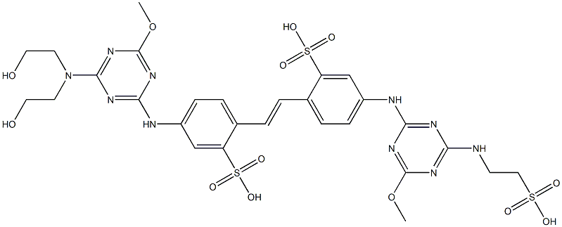 4-[4-[Bis(2-hydroxyethyl)amino]-6-methoxy-1,3,5-triazin-2-ylamino]-4'-[4-(2-sulfoethylamino)-6-methoxy-1,3,5-triazin-2-ylamino]-2,2'-stilbenedisulfonic acid Struktur