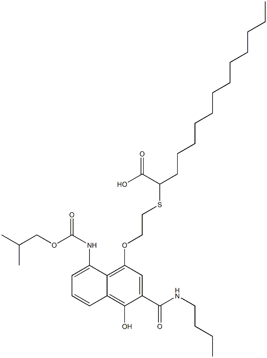 2-[2-[3-(Butylcarbamoyl)-4-hydroxy-8-[(2-methylpropoxy)carbonylamino]-1-naphtyloxy]ethylthio]tetradecanoic acid Struktur