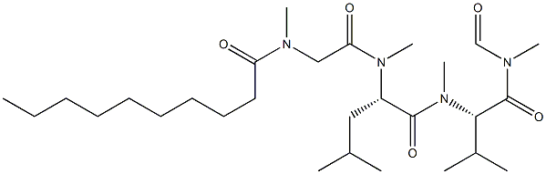 (2S)-N,3-Dimethyl-N-formyl-2-[methyl[(S)-4-methyl-2-[methyl[[methyl(1-oxodecyl)amino]acetyl]amino]valeryl]amino]butyramide Struktur