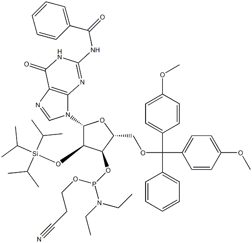 N-Benzoyl-5'-O-(4,4'-dimethoxytrityl)-2'-O-(triisopropylsilyl)guanosine 3'-[diethylaminophosphonous acid (2-cyanoethyl)] ester Struktur