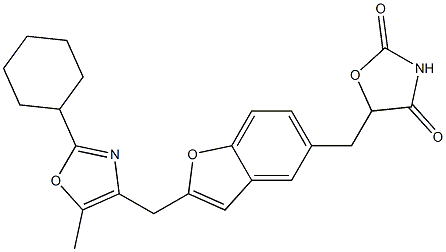 5-[[2-[[5-Methyl-2-cyclohexyl-4-oxazolyl]methyl]benzofuran-5-yl]methyl]oxazolidine-2,4-dione Struktur