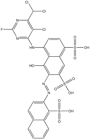 4-[[5-Chloro-6-(dichloromethyl)-2-fluoropyrimidin-4-yl]amino]-5-hydroxy-6-[(1-sulfonaphthalen-2-yl)azo]-1,7-naphthalenedisulfonic acid Struktur