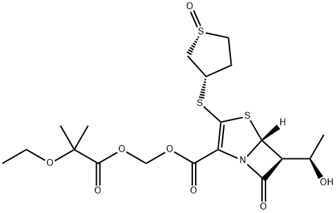 4-Thia-1-azabicyclo[3.2.0]hept-2-ene-2-carboxylic acid, 6-[(1R)-1-hydroxyethyl]-7-oxo-3-[[(1R,3S)-tetrahydro-1-oxido-3-thienyl]thio]-, (2-ethoxy-2-methyl-1-oxopropoxy)methyl ester, (5R,6S)- Struktur