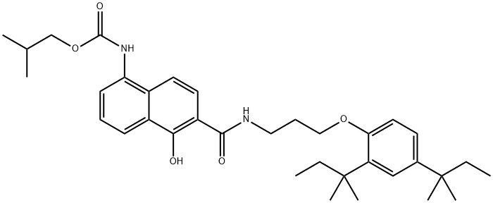 N-[3-(2,4-di-(1,1-dimethyl-propyl)phenoxy)-propyl]-1-hydroxy-5-(2-methylpropyl-oxycarbonylamino)-naphthamide Struktur