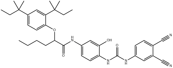 2-(3,4-Dicyanophenylureido)-5-((2-(2,4-ditert.-phenylphenoxy)-hexanoylamino))-phenol Struktur