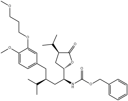 Carbamic acid, N-[(1S,3S)-3-[[4-methoxy-3-(3-methoxypropoxy)phenyl]methyl]-4-methyl-1-[(2S,4S)-tetrahydro-4-(1-methylethyl)-5-oxo-2-furanyl]pentyl]-, phenylmethyl ester Struktur