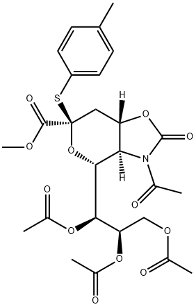 4H-Pyrano[3,4-d]oxazole-6-carboxylic acid, 3-acetylhexahydro-6-[(4-methylphenyl)thio]-2-oxo-4-[(1S,2R)-1,2,3-tris(acetyloxy)propyl]-, methyl ester, (3aR,4R,6R,7aS)- Struktur