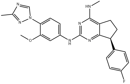 5H-Cyclopentapyrimidine-2,4-diamine, 7-(4-fluorophenyl)-6,7-dihydro-N2-[3-methoxy-4-(3-methyl-1H-1,2,4-triazol-1-yl)phenyl]-N4-methyl-, (7S)- Struktur