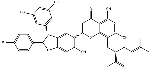 (2S)-5,7-Dihydroxy-2,3-dihydro-2α-[[(2R)-2β-(4-hydroxyphenyl)-3α-(3,5-dihydroxyphenyl)-6-hydroxy-2,3-dihydrobenzofuran]-5-yl]-8-[5-methyl-2-(1-methylethenyl)-4-hexenyl]-4H-1-benzopyran-4-one Struktur