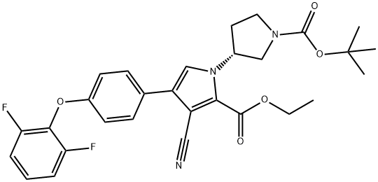 1H-Pyrrole-2-carboxylic acid, 3-cyano-4-[4-(2,6-difluorophenoxy)phenyl]-1-[(3R)-1-[(1,1-dimethylethoxy)carbonyl]-3-pyrrolidinyl]-, ethyl ester Struktur