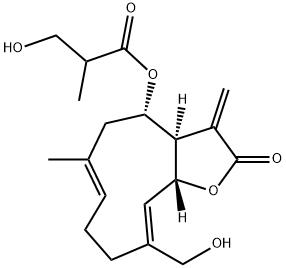 3-Hydroxy-2-methylpropionic acid [(3aR)-2,3,3aβ,4,5,8,9,11aα-octahydro-10-hydroxymethyl-6-methyl-3-methylene-2-oxocyclodeca[b]furan-4β-yl] ester Struktur